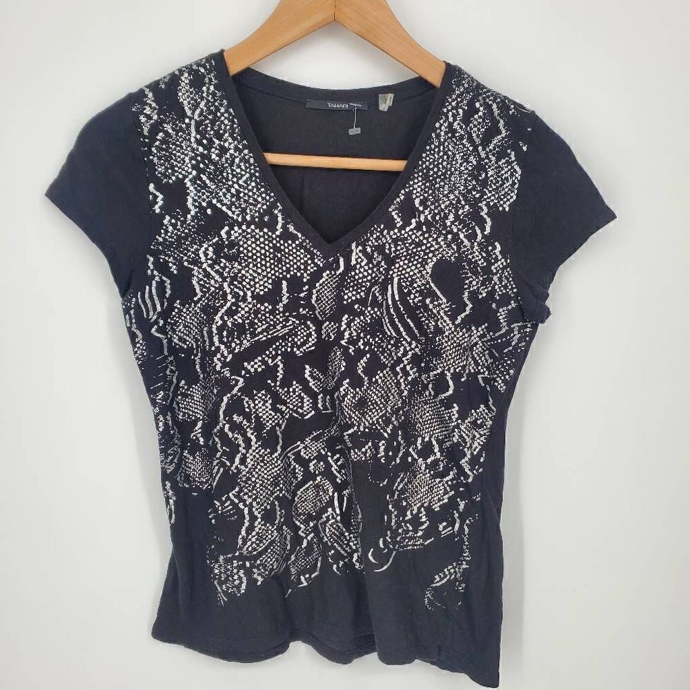 Tahari Women's Black V-Neck Tshirt with Silver Print Size Small